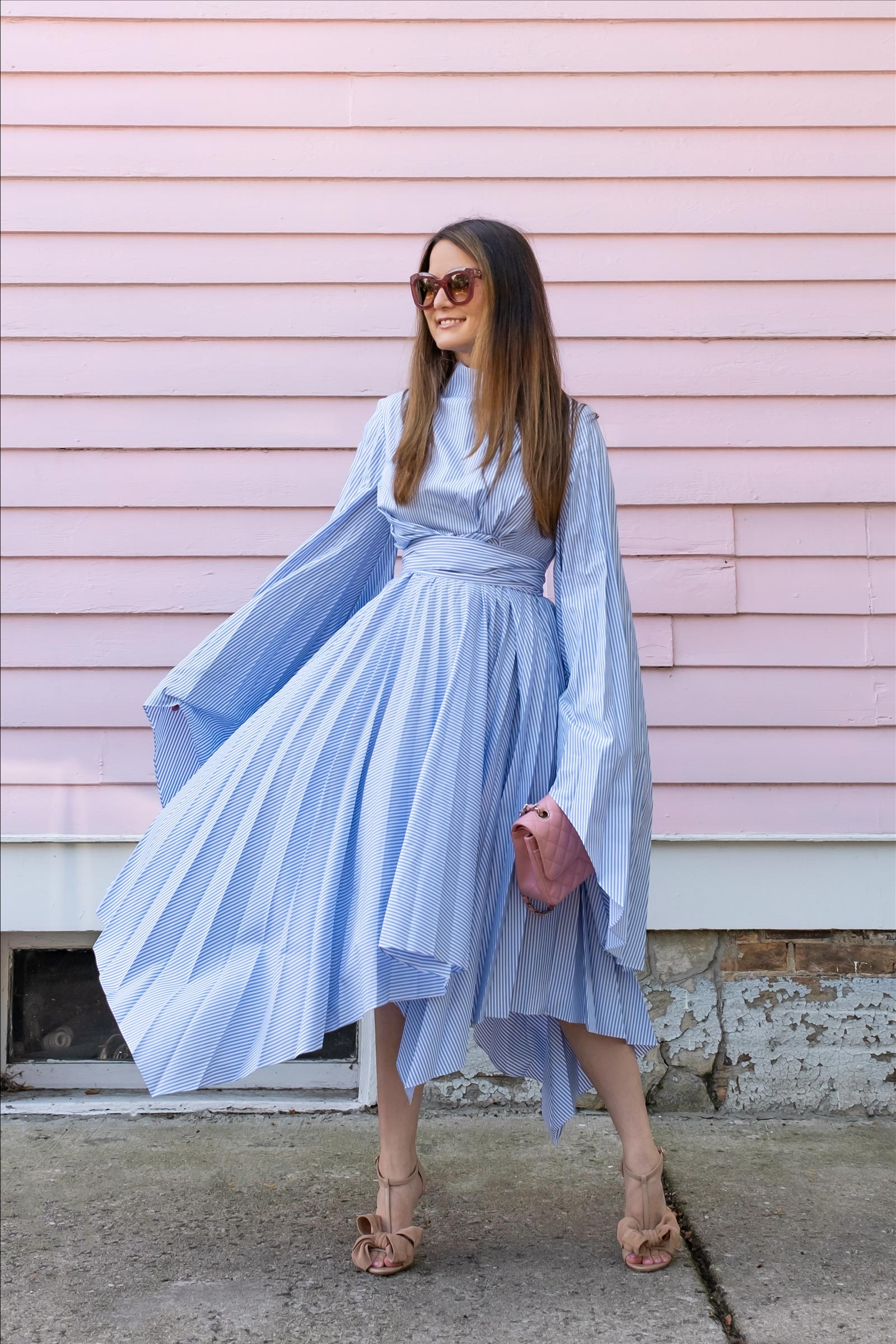 jennifer lake blue stripe pleated wrap dress