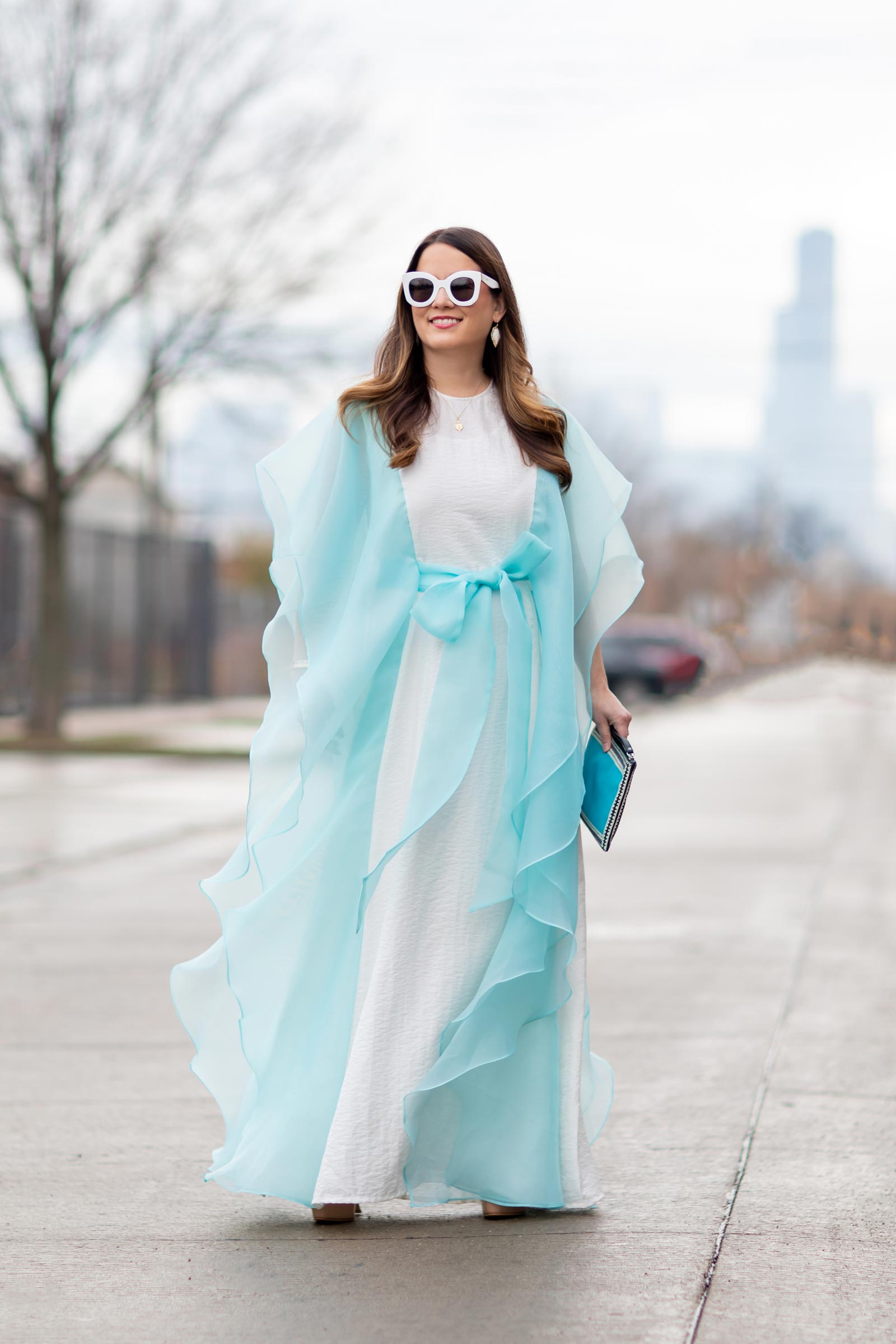 Jennifer Lake Blue Ruffle Gown