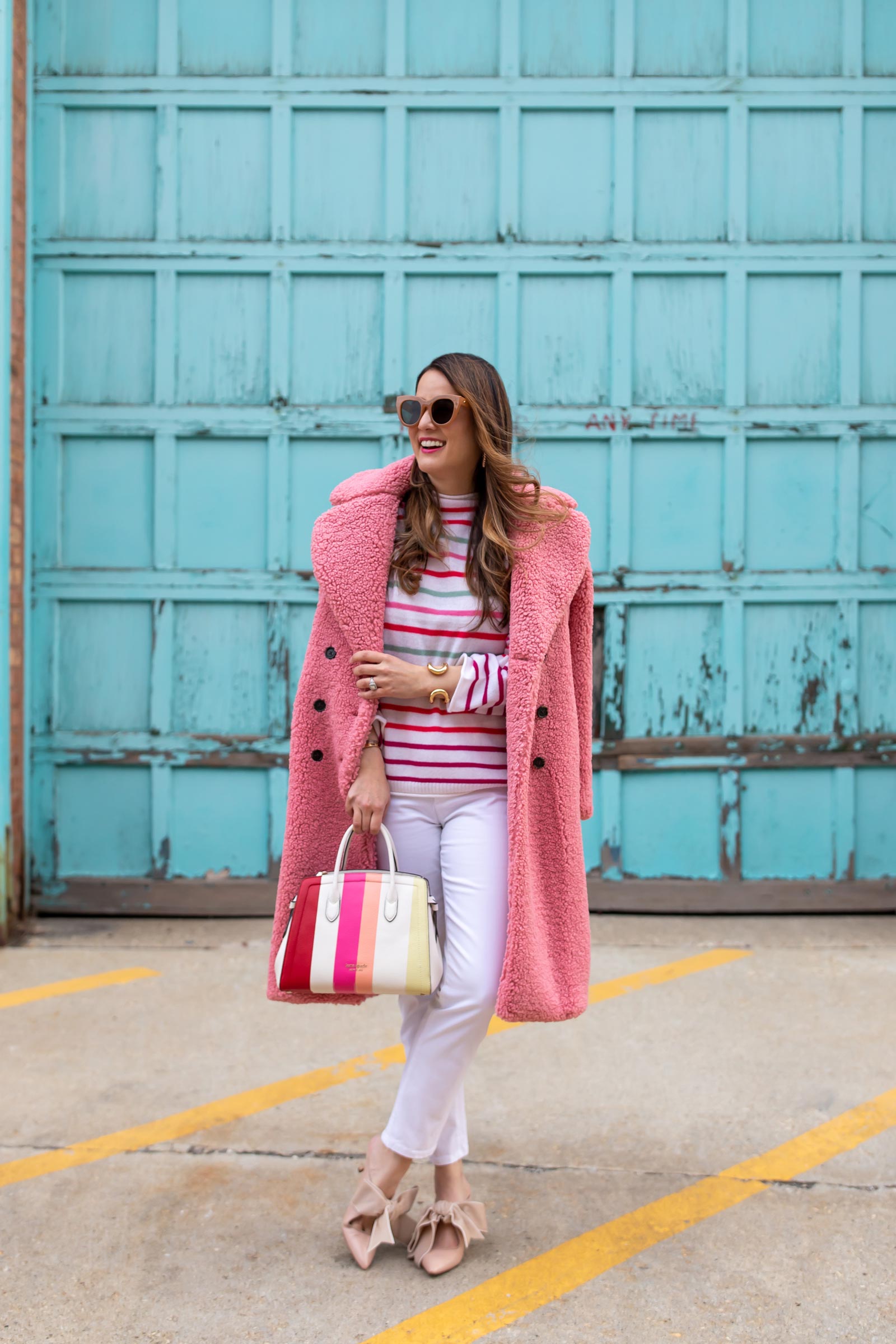 Jennifer Lake J Crew Pink Teddy Coat