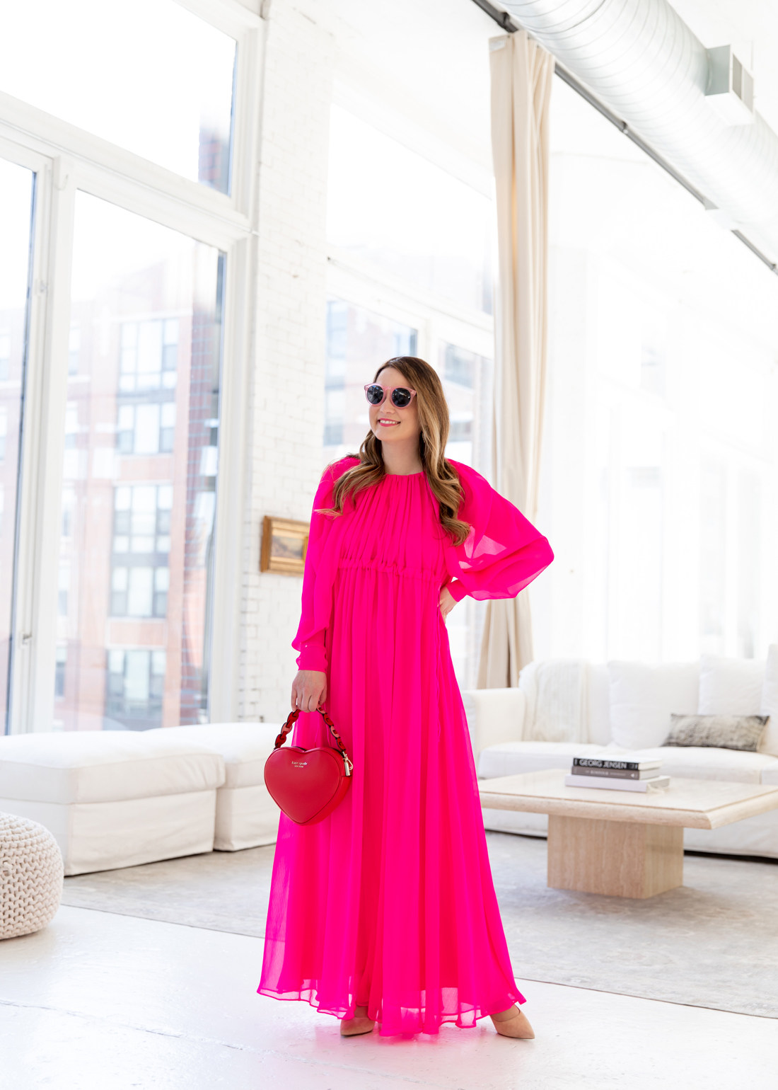 pink maxi dress with sleeves