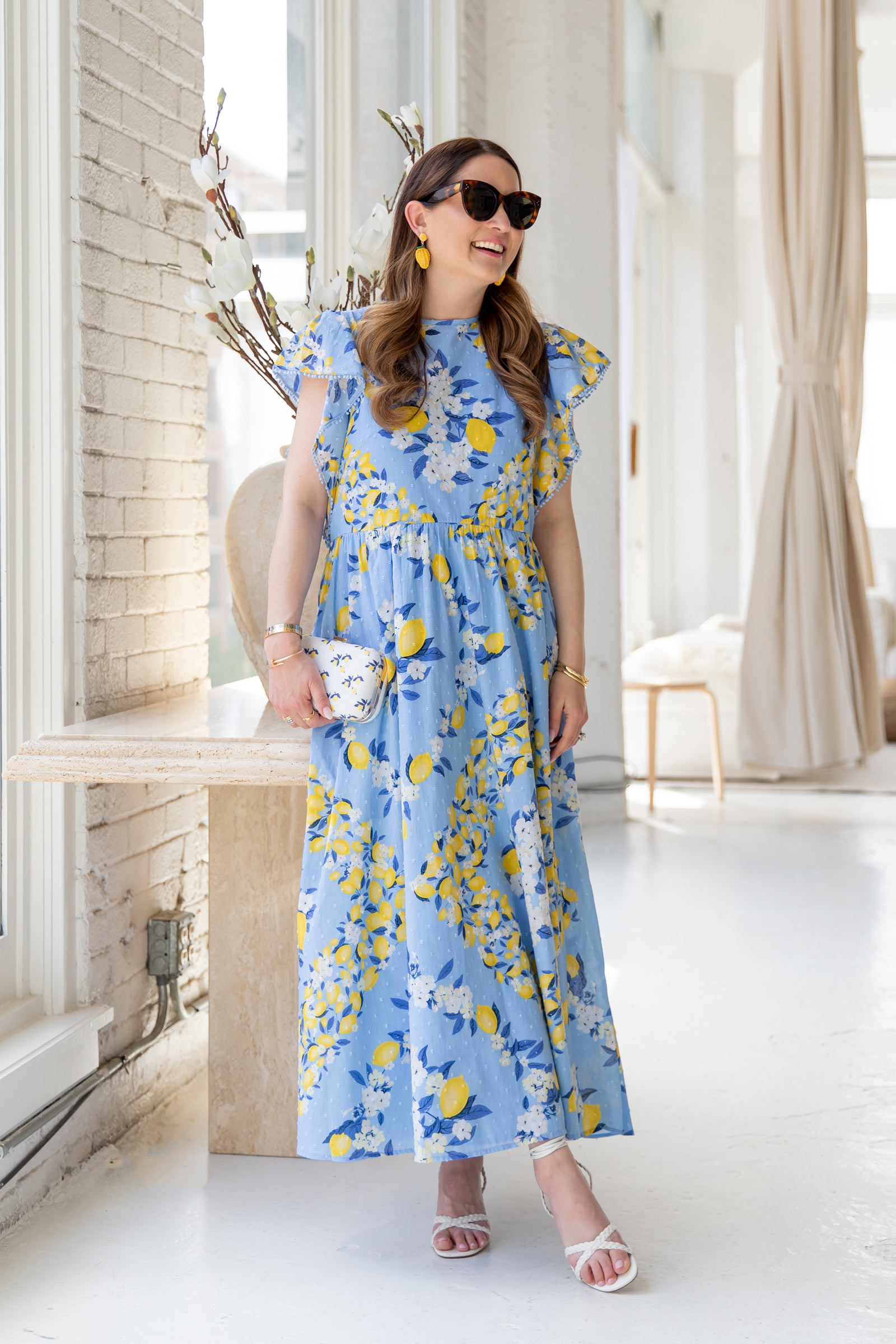 Lemon Print Ruffle Maxi Dress