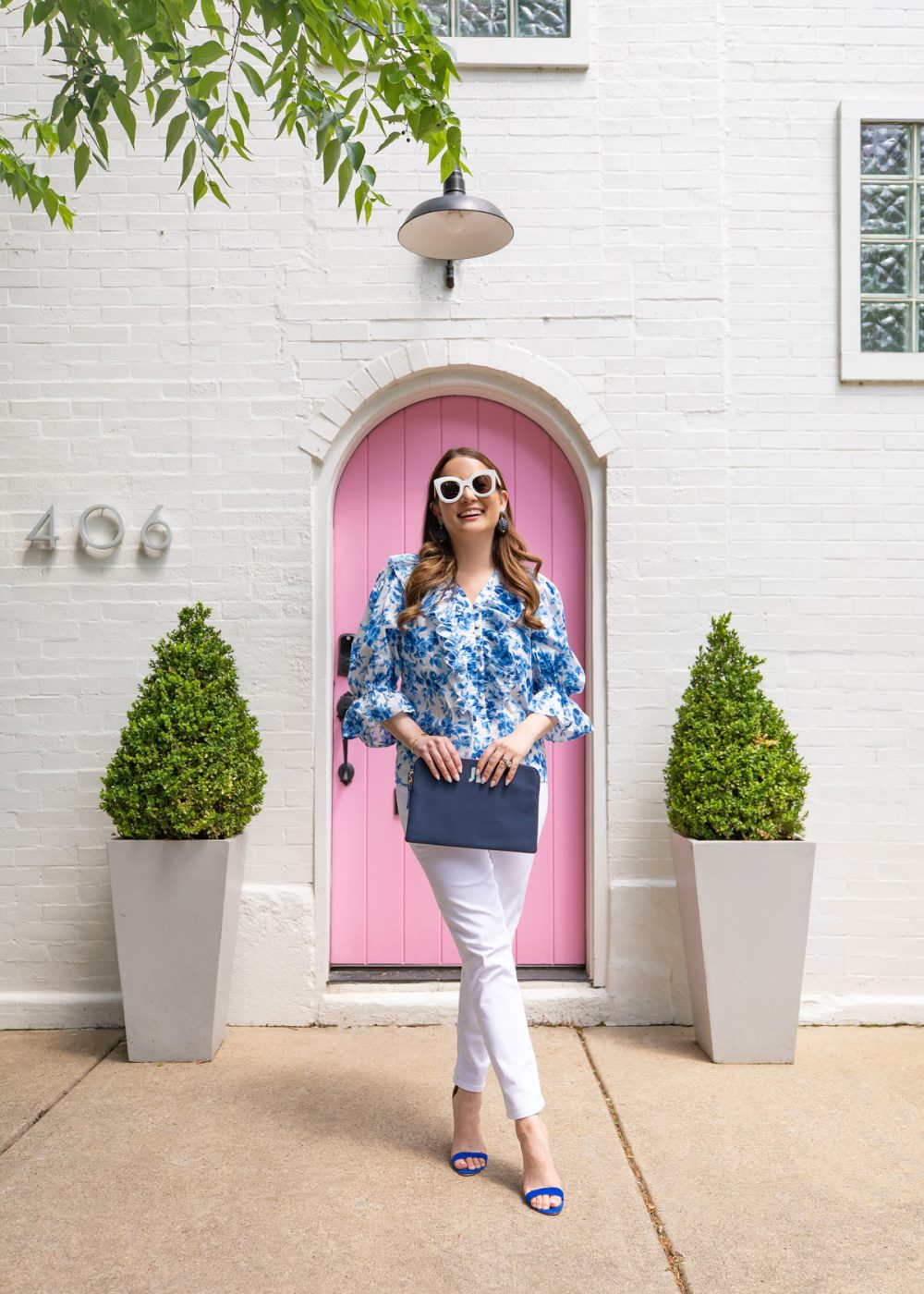 Jennifer Lake Blue Floral Ruffle Top