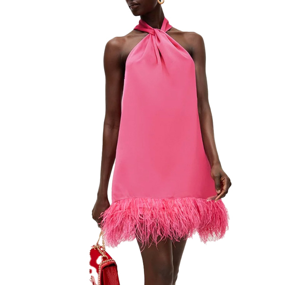 Satin Feather Hem Halter Dress