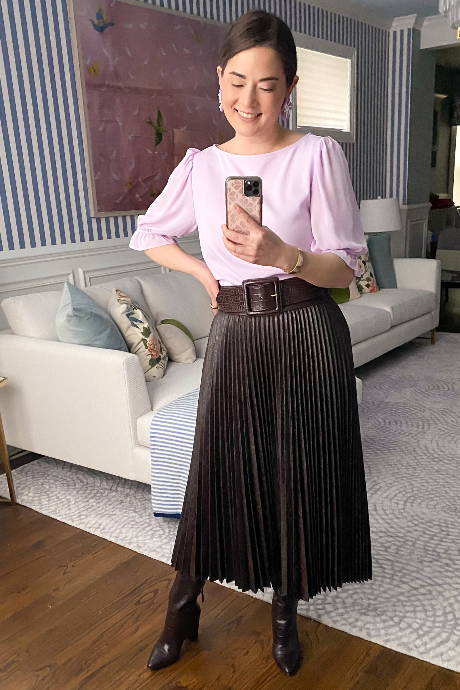 Atlantic-Pacific Brown Pleated Faux Leather Skirt