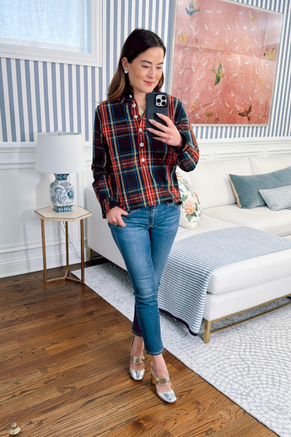 J Crew Plaid Crystal Button Shirt