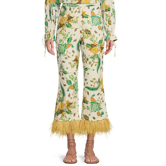 The Nat Note Larkin Paisley Print Feathered Relaxed Cropped Linen Pants