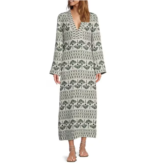 Palmer Print VNeck Linen Maxi Dress