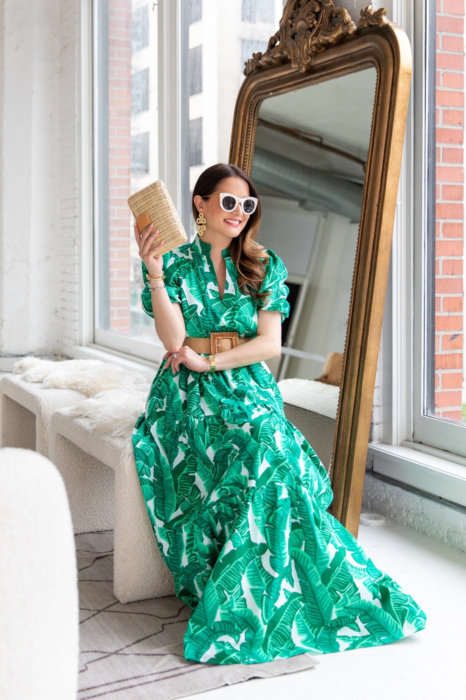 Green Leaf Print Tiered Maxi Dress