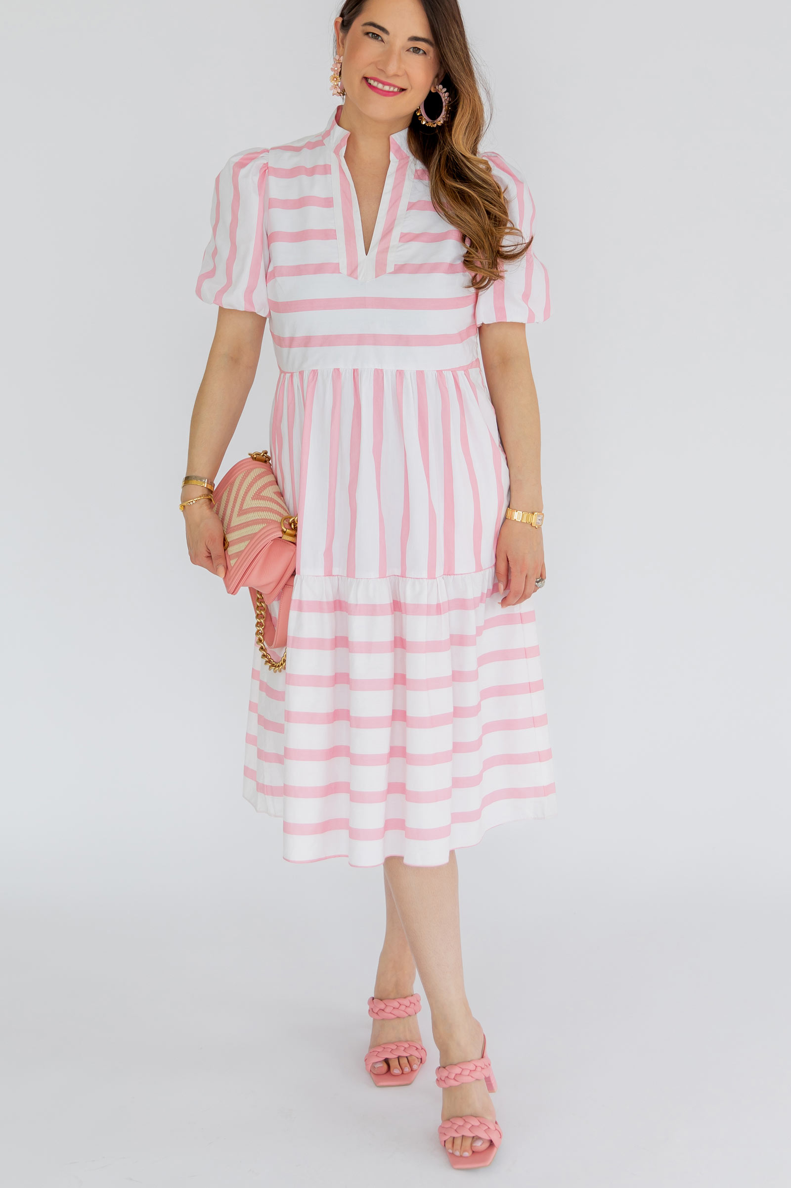 Pink White Puff Sleeve Tiered Dress