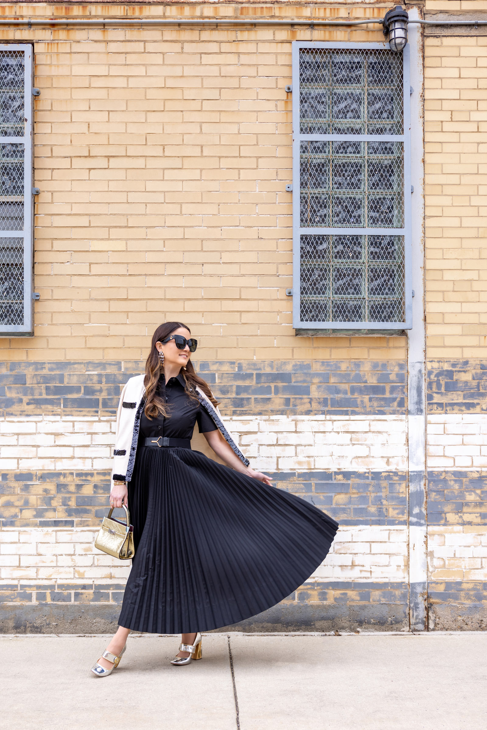 Jennifer Lake Tory Burch Black Pleated Shirtdress