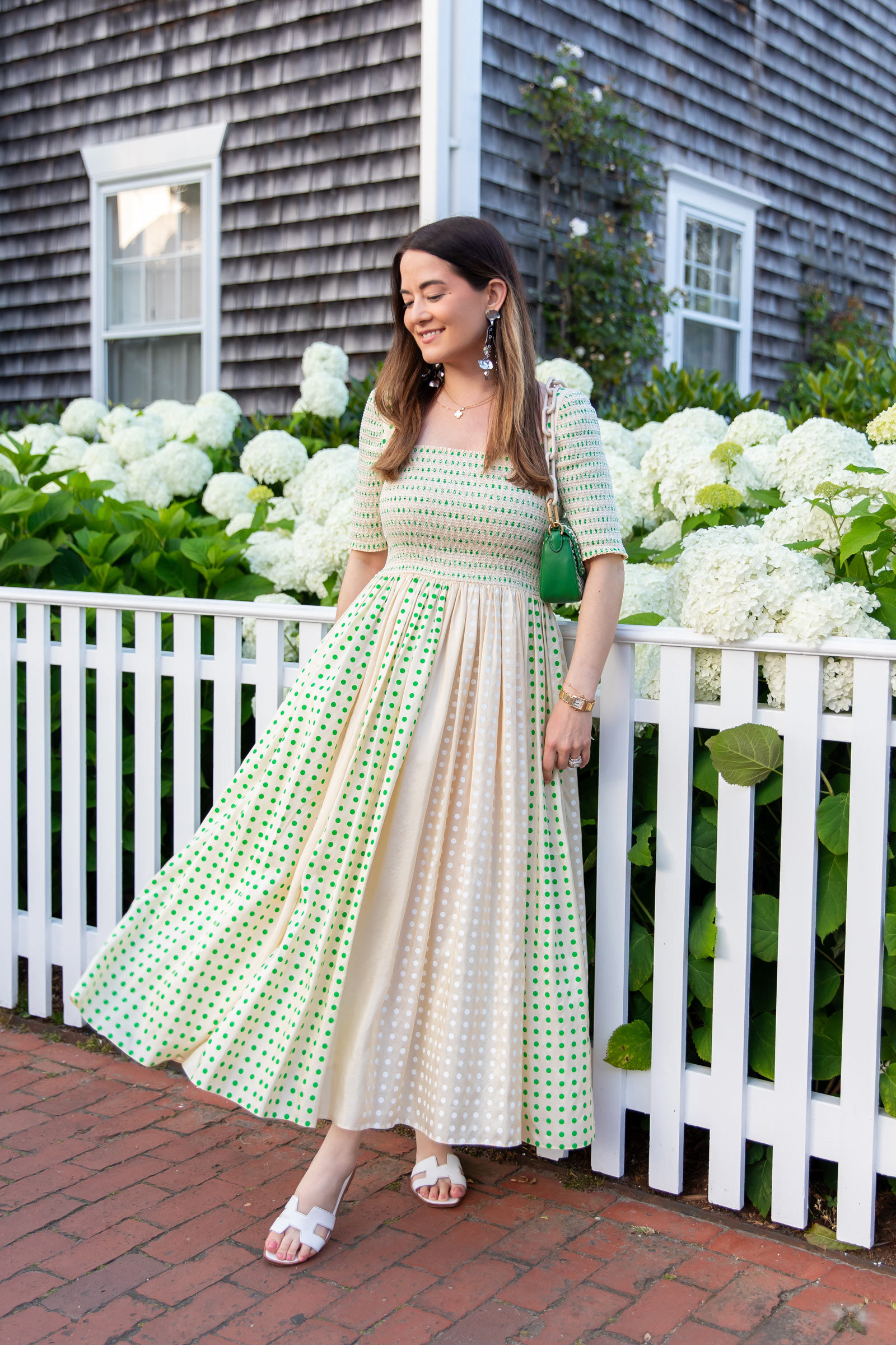 Tory Burch Green Ivory Smocked Dress