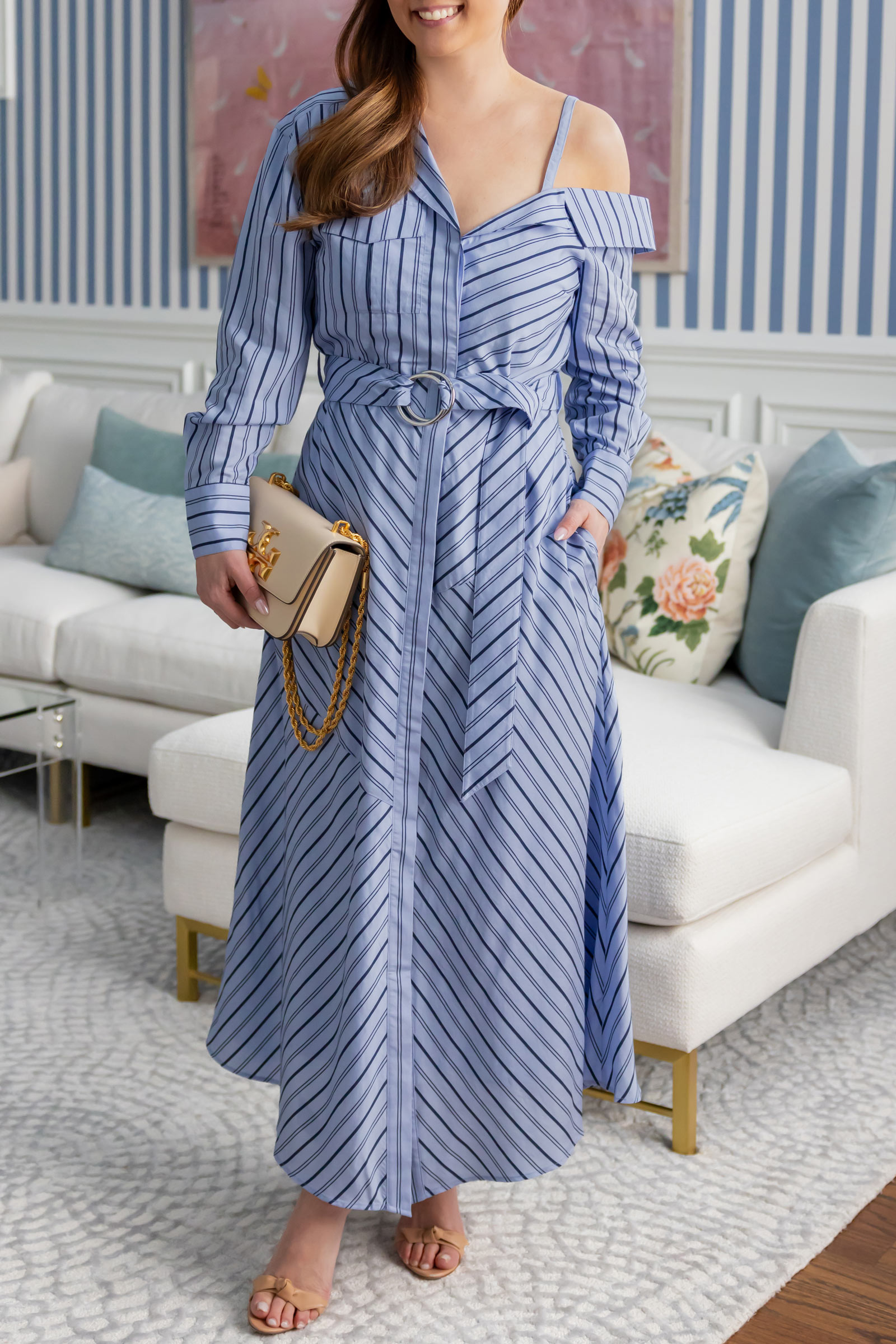 Saks Cinq à Sept Blue Stripe Long Dress