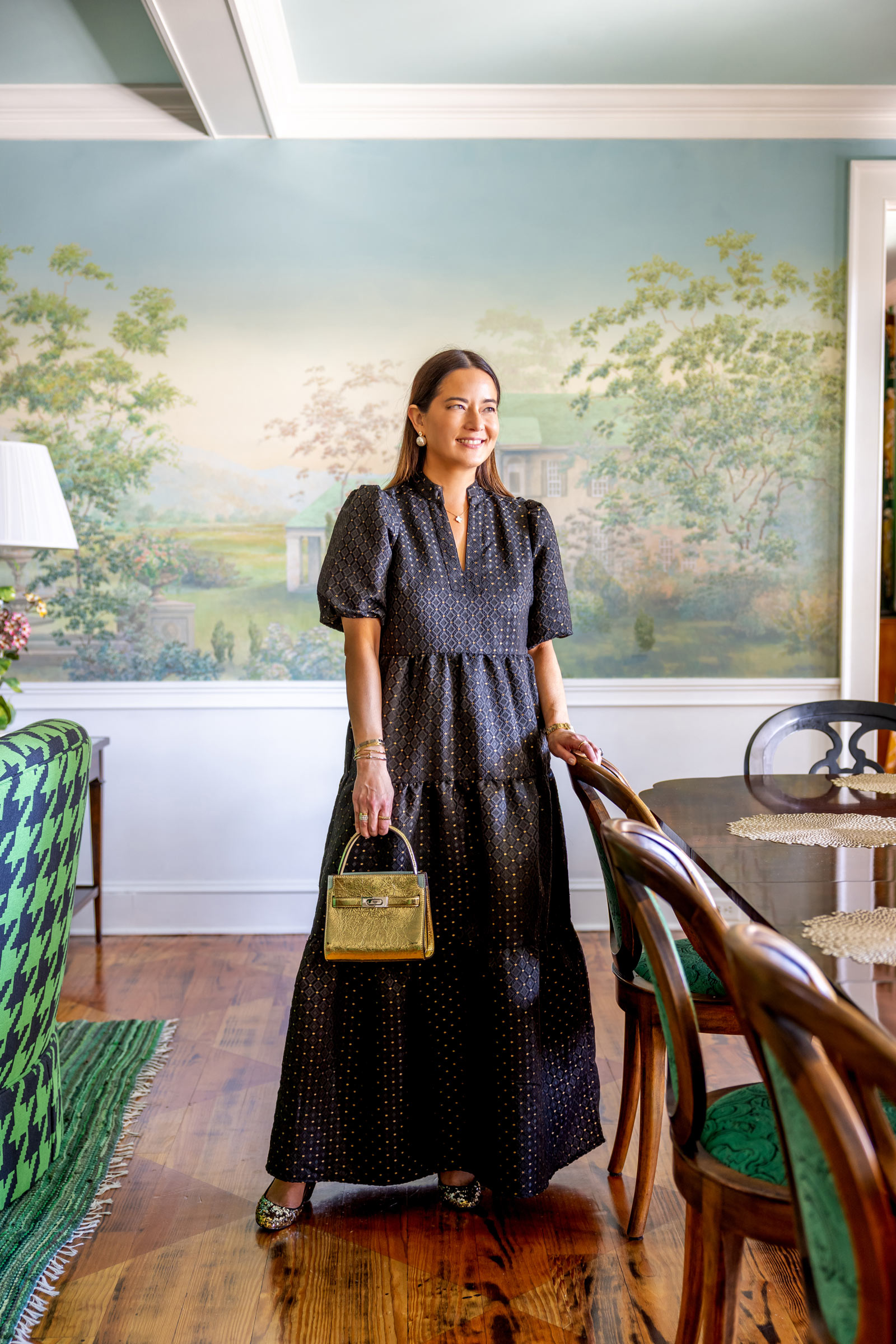 Jennifer Lake Black Gold Jacquard Maxi Dress